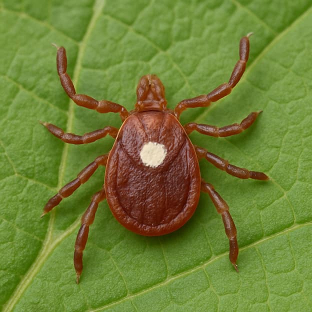 A brown tick with a white spot on a leaf